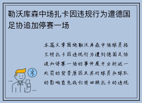 勒沃库森中场扎卡因违规行为遭德国足协追加停赛一场